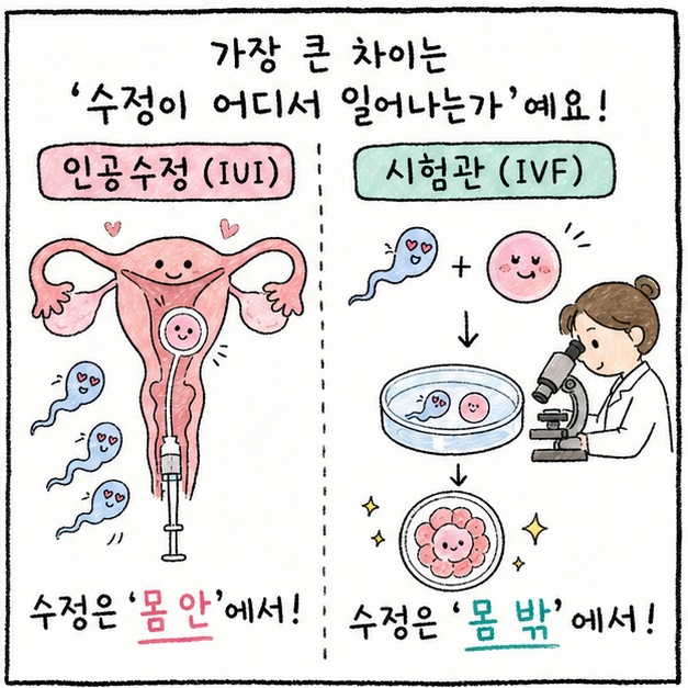 인공수정과 시험관의 가장 큰 차이는 '수정이 어디서 일어나는가'예요