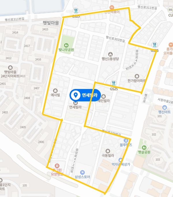 고양시 가라뫼 행신 4동 일대의 재개발지역 구획도