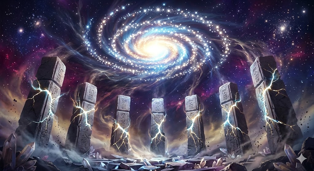 7개의 거대한 기둥 중 일부가 균열이 가고, 그 위로 100개의 별이 모여 거대한 은하수를 이루는 모습