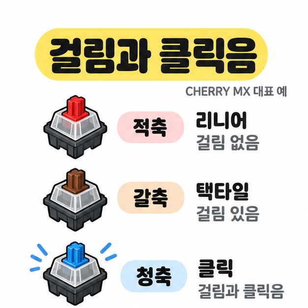 CHERRY MX 대표 예로 적축 리니어의 걸림 없음, 갈축 택타일의 걸림 있음, 청축의 걸림과 클릭음을 세 줄로 비교한 그림