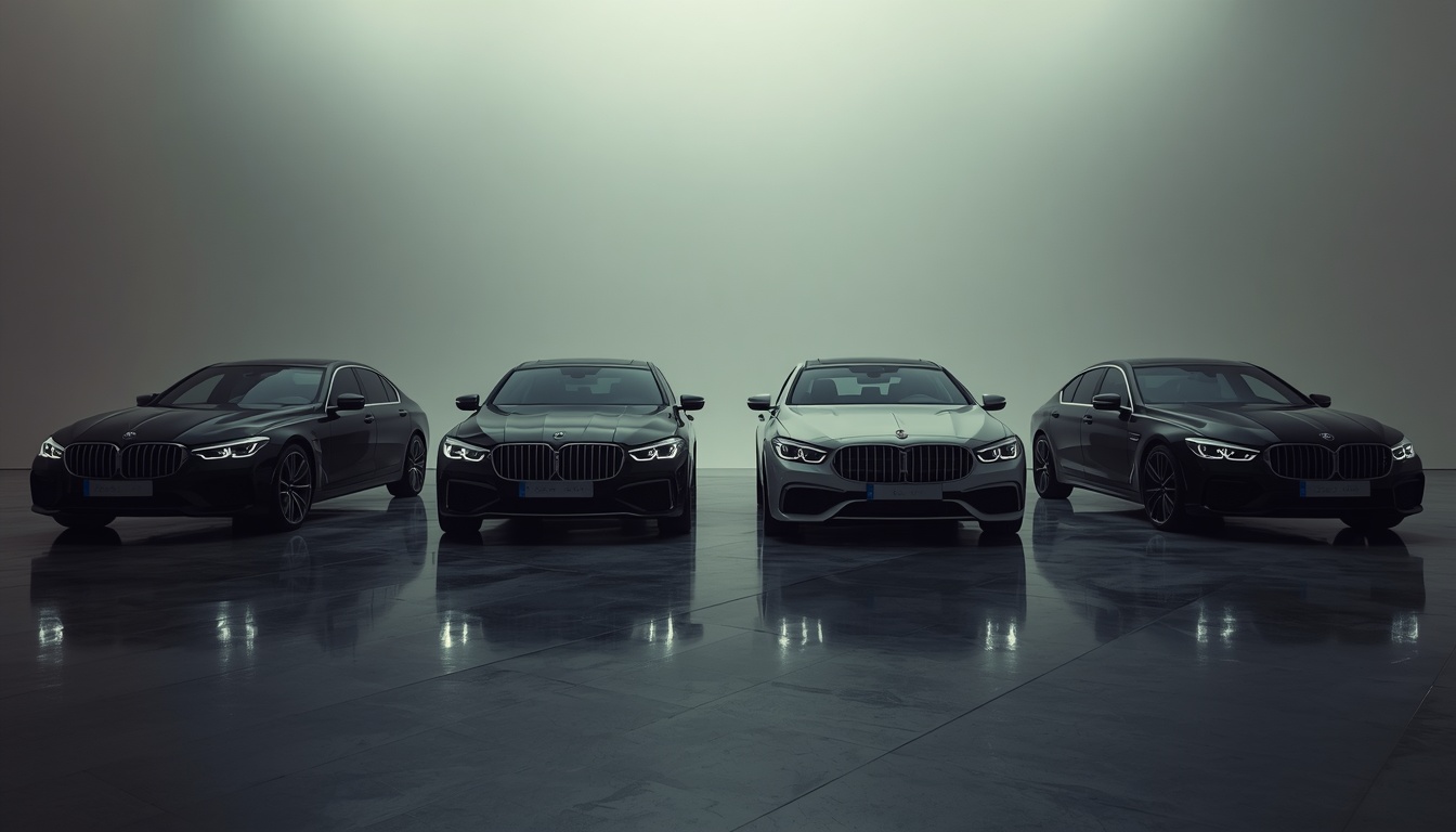 Silhouettes of four premium luxury sedans parked together in a studio, symbolizing the rivalry of automotive philosophies.