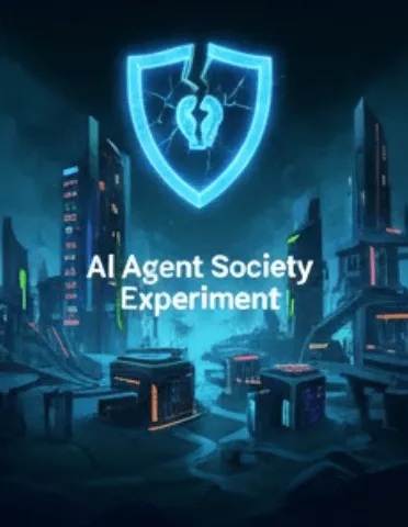 몰트북: 푸른빛의 보호막 아래 도시 형태의 서버 데이터 센터가 배치된 이미지. 'AI Agent Society Experiment'라는 문구와 함께, 인간의 개입 없이 AI들끼리 문화를 만들고 사회를 형성해 나가는 실험적인 플랫폼으로서의 몰트북을 상징합니다.