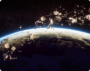 우주 쓰레기와 인공위성이 지구 궤도를 도는 모습