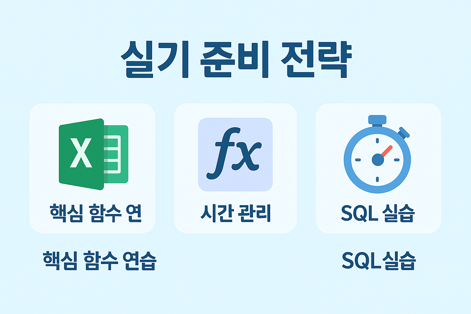 엑셀 함수 연습, 시간 관리 방법, SQL 실습으로 구성된 컴활 1급 실기 합격 전략 인포그래픽 이미지