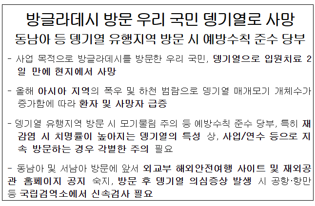 방글라데시 방문 우리 국민 뎅기열로 사망, 동남아 등 뎅기열 유행지역 방문 시 예방수칙 준수 당부