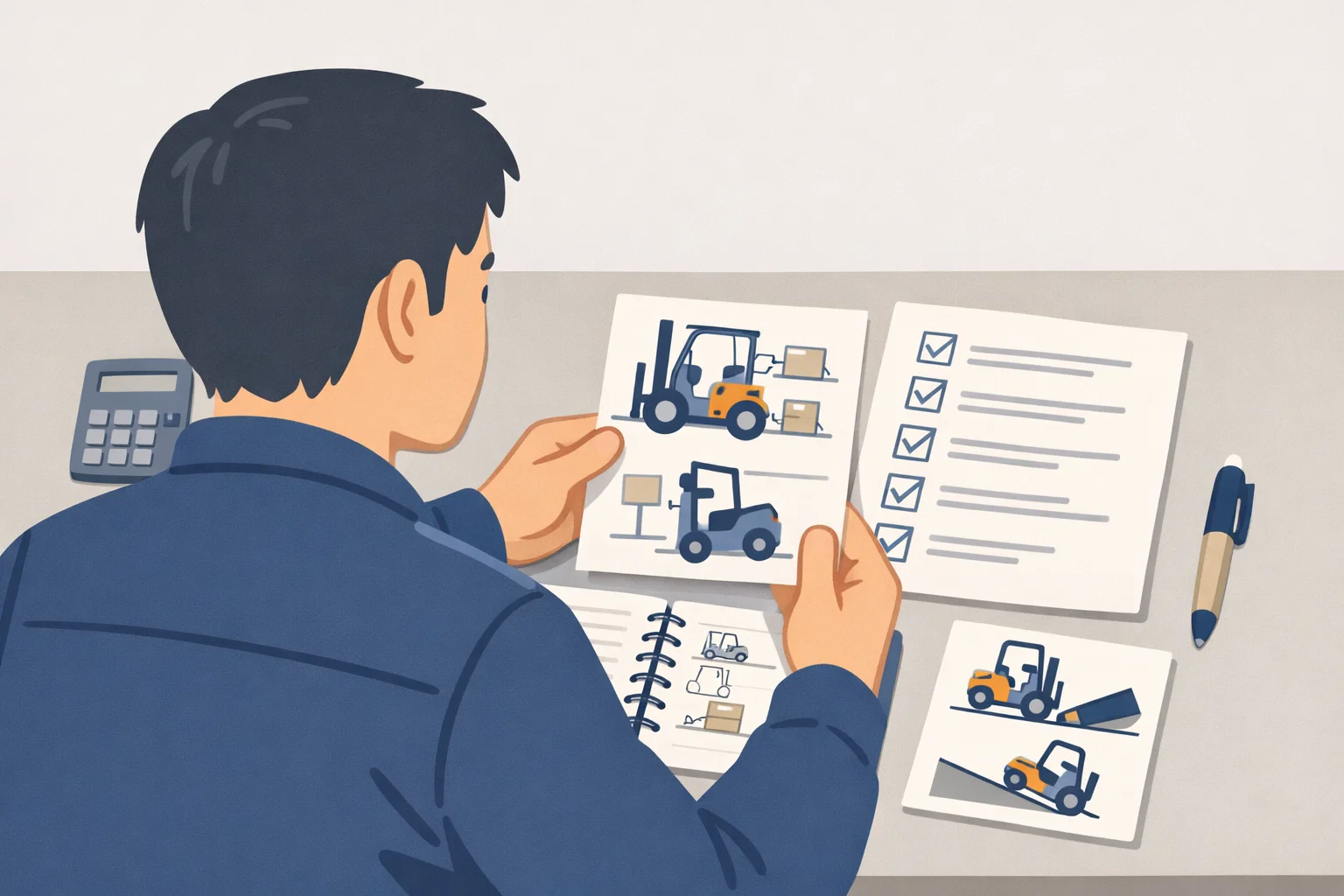 지게차운전기능사 필기 요점 정리를 준비할 때 작업 장면과 체크리스트를 함께 보며 자주 나오는 문제 유형과 확인 항목을 빠르게 점검하도록 돕는 이미지