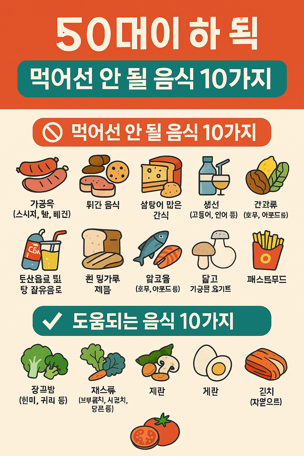 50대 이후 먹어선 안 될 음식 10가지와 도움되는 음식 10가지