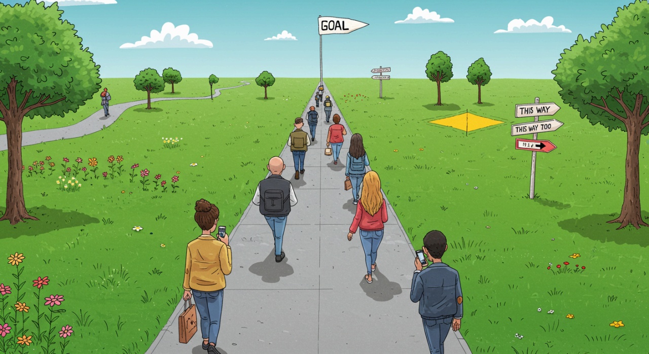 저 멀리 목표점을 향해 뻗어있는 길로만 획일적으로 걷고 있는 사람들의 모습