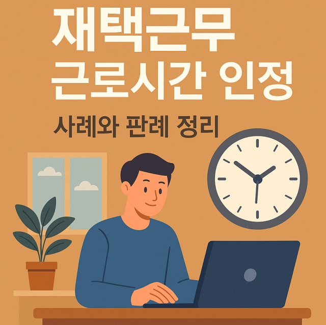 재택근무 근로시간 인정 범위와 실제 사례 및 판례를 설명하는 대표 이미지로, 재택근무 중인 직장인의 컴퓨터와 시계를 함께 표현한 이미지
