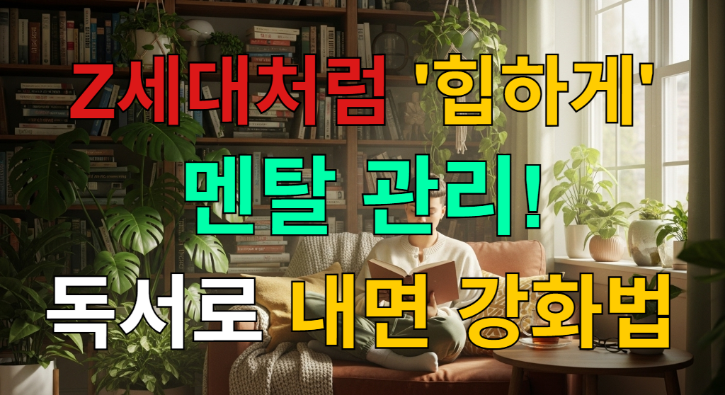 따뜻한 햇살이 비치는 아늑한 공간에서 책에 깊이 빠져있는 Z세대의 모습. 주변에는 식물과 책들이 놓여있어 평화로운 분위기를 자아낸다.