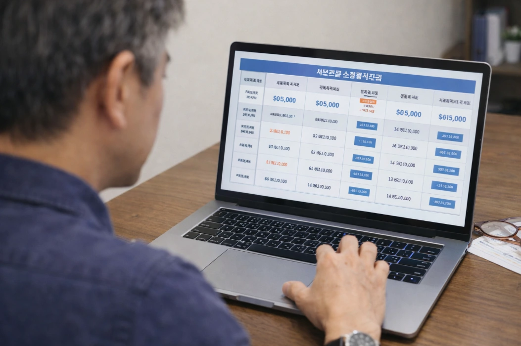 임플란트 재식립 비용을 비교하기 위해 여러 치과의 비급여 진료비 정보를 확인하는 장면