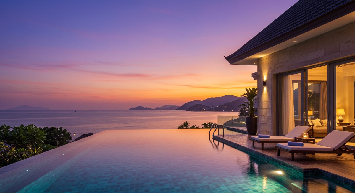 해 질 녘 다낭의 한 프라이빗 풀빌라 수영장에서 보이는 바다 전경