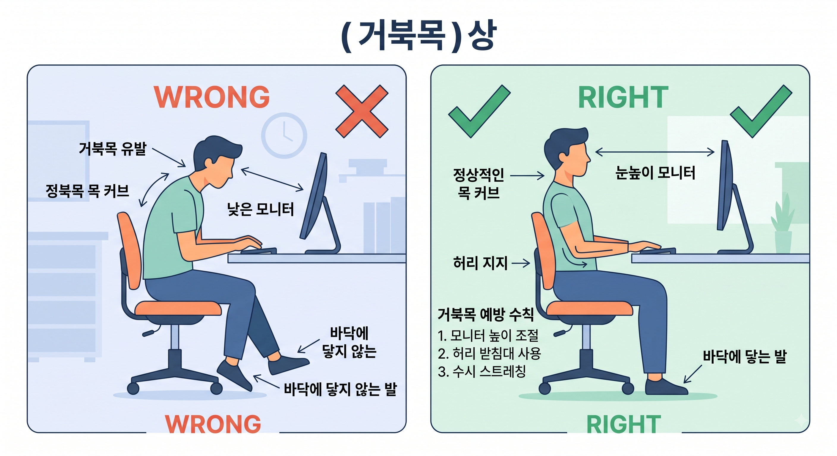 올바른 사무실 앉은 자세 및 거북목 예방 수칙