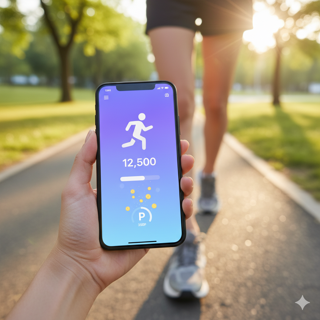 걷기 앱테크(App-tech)를 활용하여 포인트를 적립하는 모습.