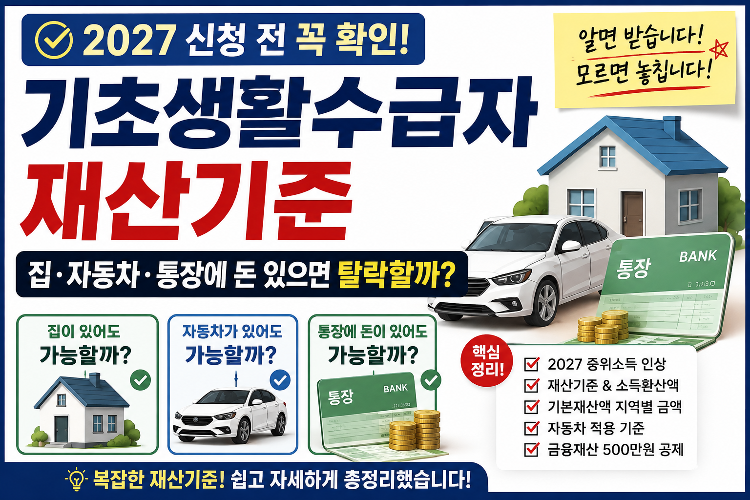 2027 기초생활수급자 재산기준 집 자동차 예금 통장 확인 방법