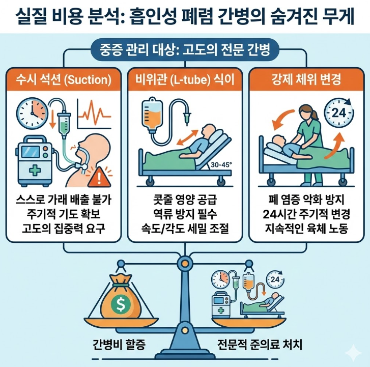 흡인성 폐렴 환자에게 필요한 수시 석션, 비위관 식이, 체위 변경 등 전문 간병 업무를 설명한 인포그래픽