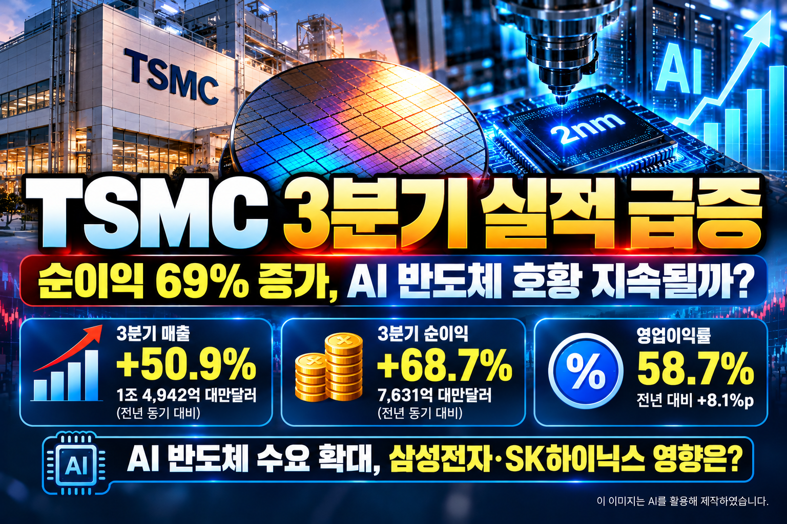 2026년 TSMC 3분기 매출 50.9% 증가와 순이익 68.7% 급증, AI 반도체 수요 확대 및 삼성전자&middot;SK하이닉스에 미치는 영향을 분석한 대표 이미지