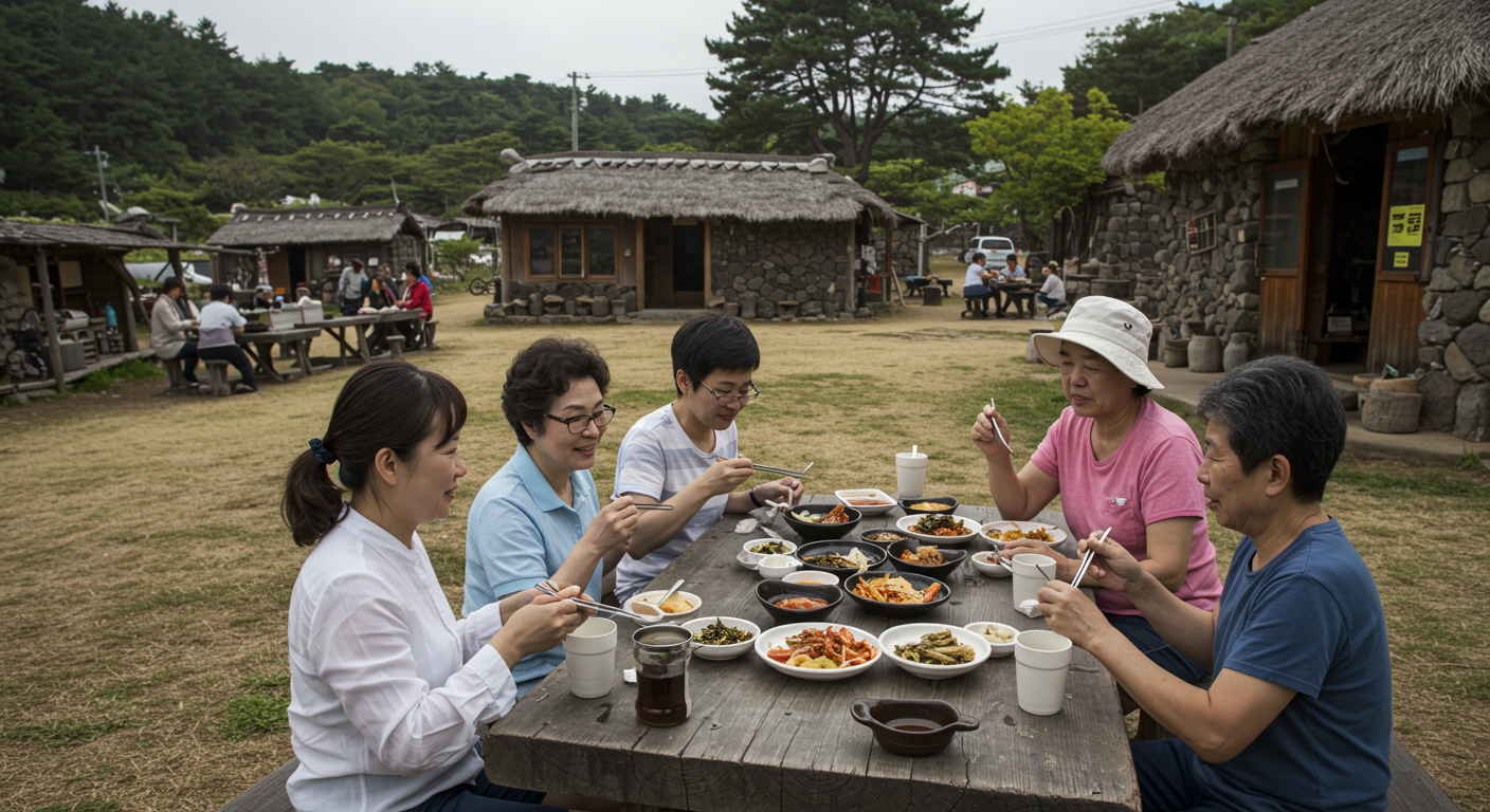 제주 올레길을 걸은 후 마을 식당에서 로컬 음식을 즐기는 한국인 가족