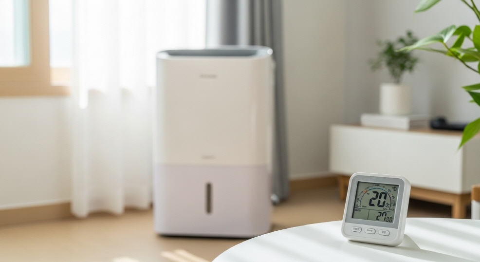 제습기와 온습도계 함께 찍힌 장면