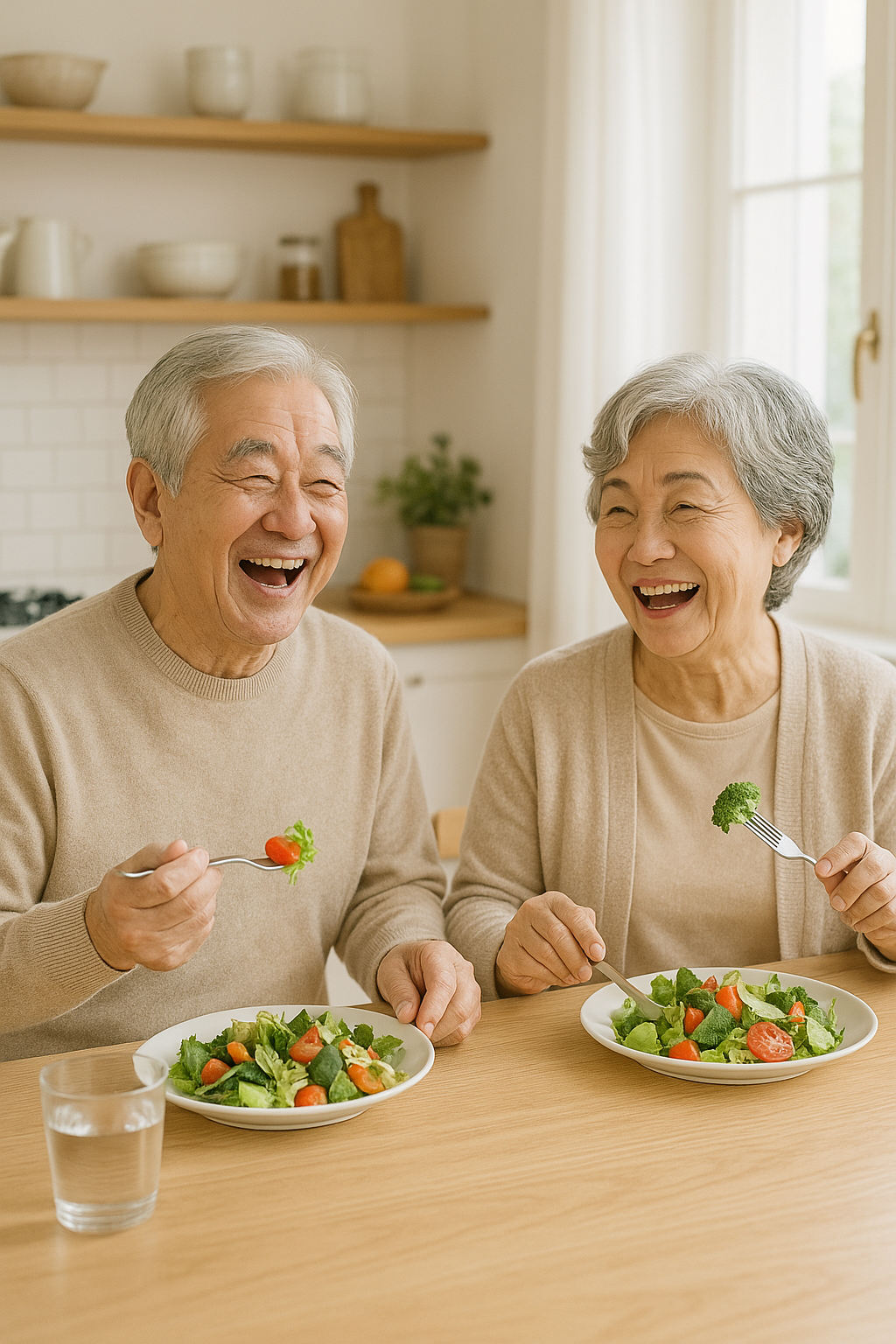 밝은 주방 식탁에서 어르신들이 웃으며 샐러드나 건강식을 먹는 장면