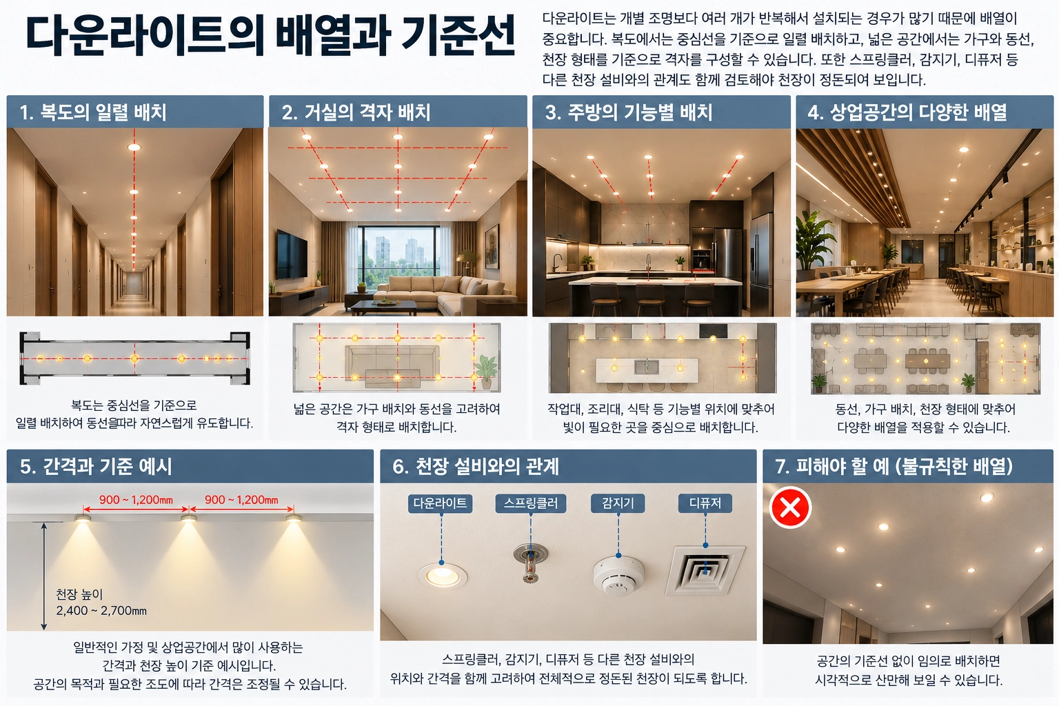 다운라이트의 배열과 기준선