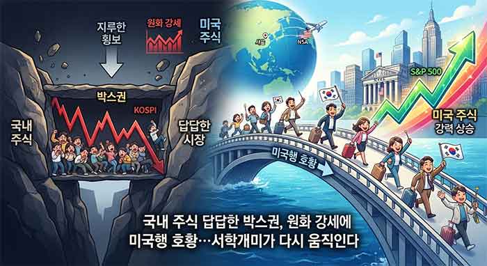 미국 주식으로 향하는 투자자들을 표현한 일러스트.