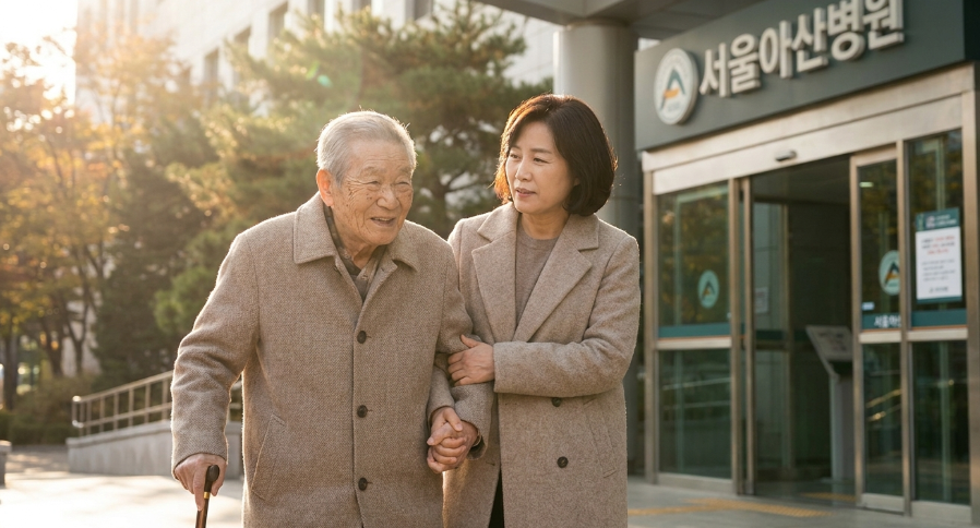 병원에서 퇴원하는 부모님의 손을 따뜻하게 잡고 집으로 향하는 모습