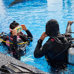 다이빙 교육을 받는 학생과 선생님