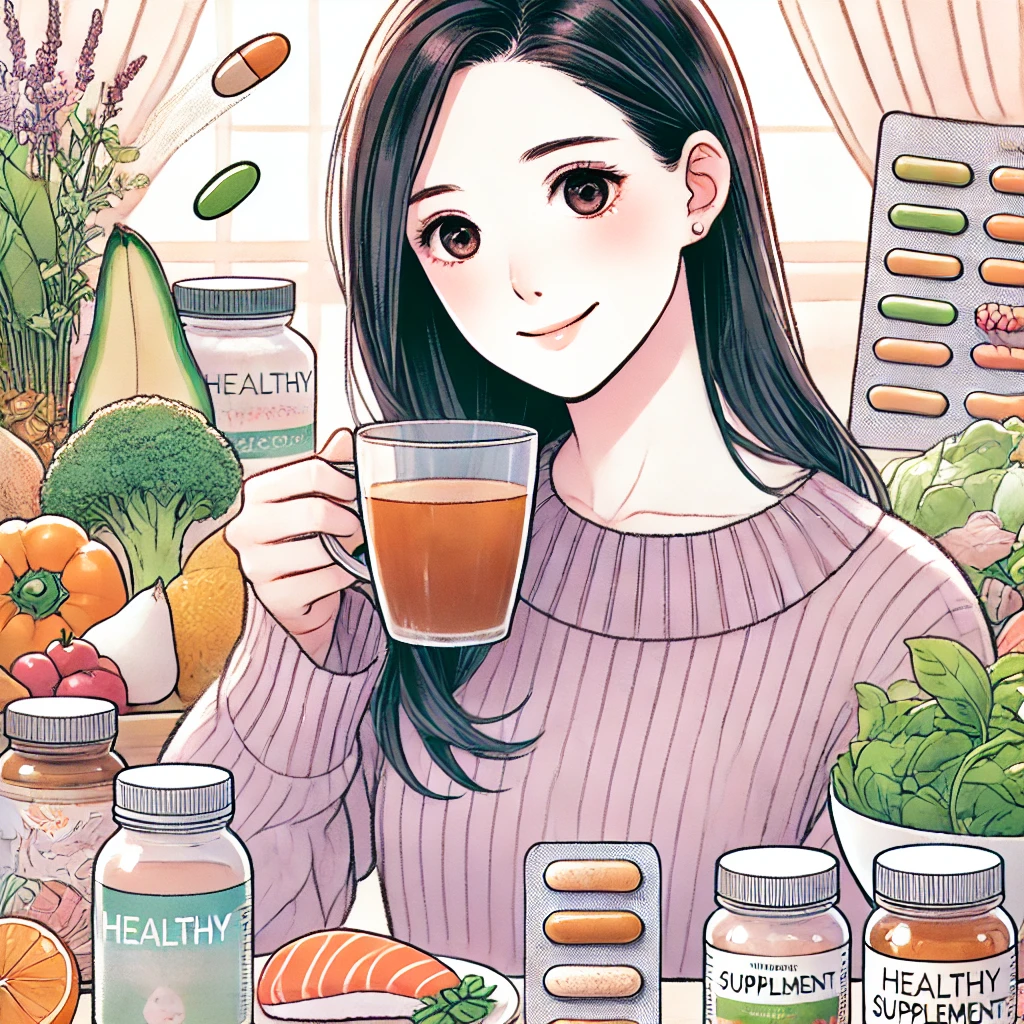 건강한 생활을 상징하는 차와 영양제, 신선한 음식과 함께 여유롭게 있는 여성