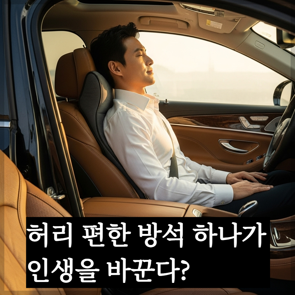 고급스러운 자동차 실내 운전석 시트에 세련된 디자인의 기능성 카시트 방석이 놓여 있고, 그 위에 성공한 분위기의 한국인 남성이 허리를 곧게 펴고 편안한 표정으로 앉아 핸들을 잡고 있는 모습. 창밖으로 황금빛 햇살이 부드럽게 들어오는 고화질 이미지
