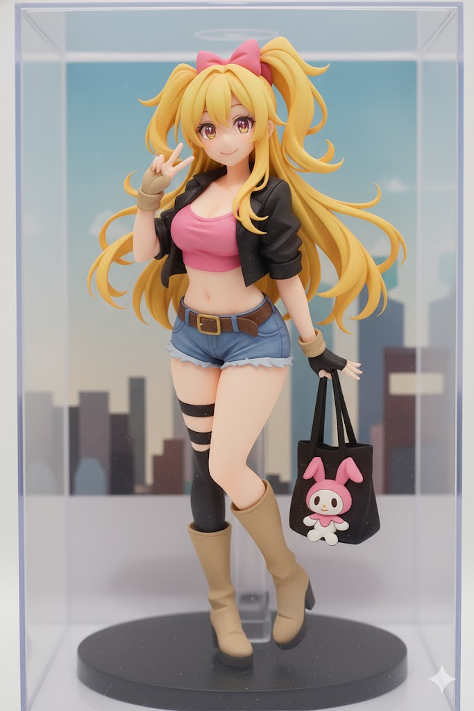 AI 프롬프트를 활용해 원본 캐릭터 일러스트가 고퀄리티 입체 피규어 이미지로 생성된 예시. 나노바나나 스타일의 캐릭터가 디지털 피규어로 바뀌는 전환 과정을 보여주는 비교 이미지