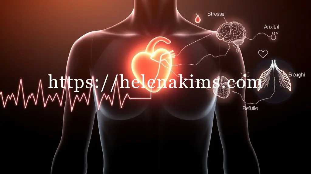 왼쪽 가슴 부위에는 불규칙한 심장 박동을 나타내는 깨진 듯한 ECG 파형이 은은하게 빛나는 심장이 위치하고, 이는 심장성 원인을 상징한다. 오른쪽에는 뇌(스트레스/불안), 식도(역류), 기관지(기침)가 미세한 빛줄기로 심장과 연결되어 '비심장성 원인'들의 영향력을 암시 하는 이미지.