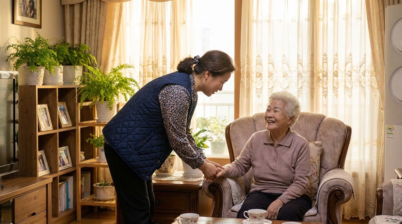 따뜻한 햇살이 드는 거실에서 전문 요양보호사와 상담하며 편안하게 미소 짓고 있는 한국 어르신의 모습