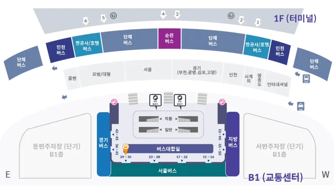 6001번 T2 승차위치 교통센터 지하 1층 29번