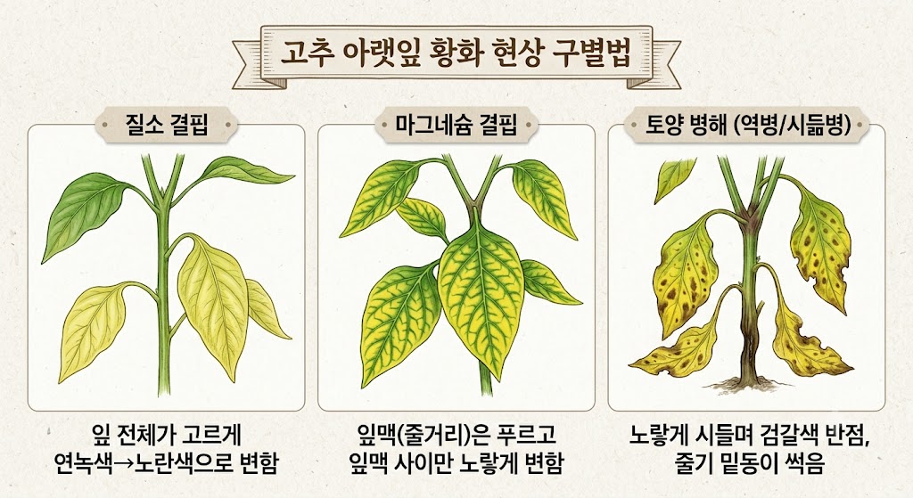 고추 아랫잎이 노랗게 변할 때 질소 결핍, 마그네슘 결핍, 토양 질병의 증상 차이를 보여주는 비교 삽화