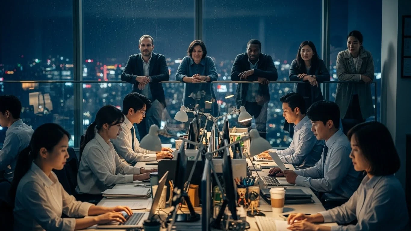 늦은 시간까지 야근하고 있는 직장인을 지켜 보는 외국인 모습