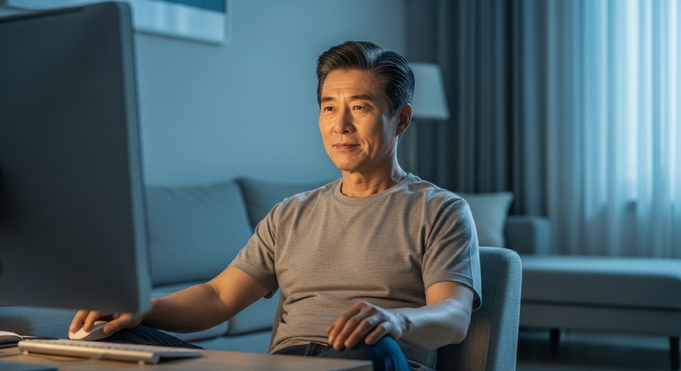 깊은 밤 홀로 컴퓨터 앞에 앉아있는 아빠