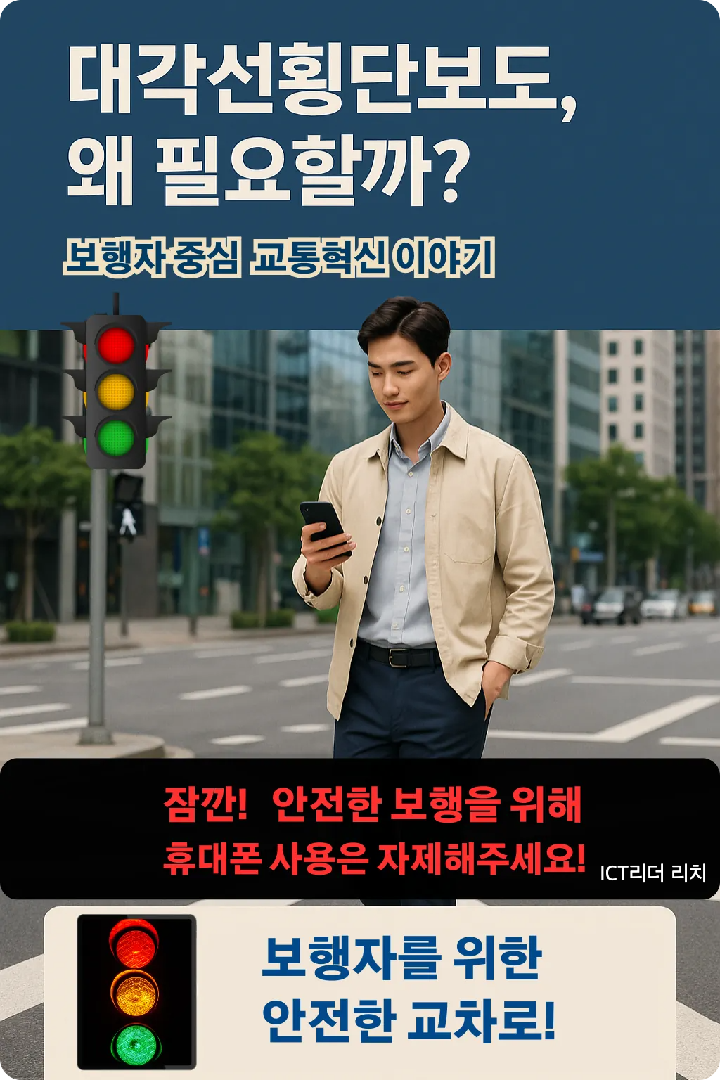대각선횡단보도 인포그래픽 &ndash; 20대 남성이 스마트폰을 보며 횡단