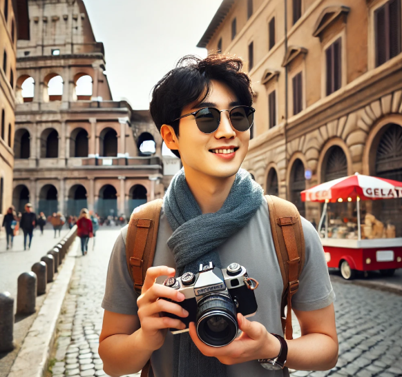 로마 콜로세움 앞에서 유럽 여행을 즐기는 모습