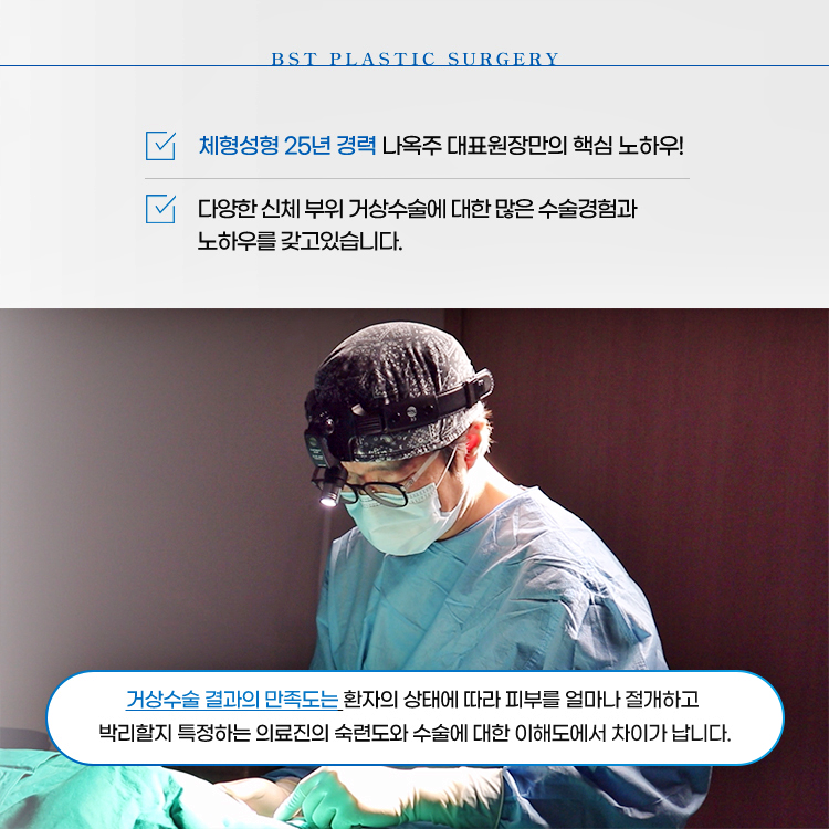 체형성형 25년 경력 나옥주 대표원장만의 핵심 노하우!
다양한 신체 부위 거상수술에 대한 많은 수술경험과 노하우를 갖고 있습니다.