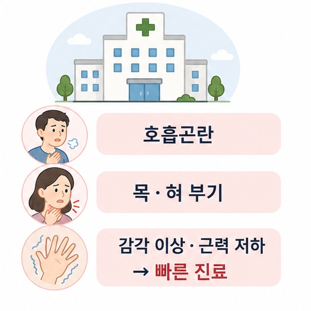 가리비 섭취 후 호흡곤란, 목과 혀 부기, 감각 이상이나 근력 저하 시 빠른 진료가 필요함을 안내한 이미지