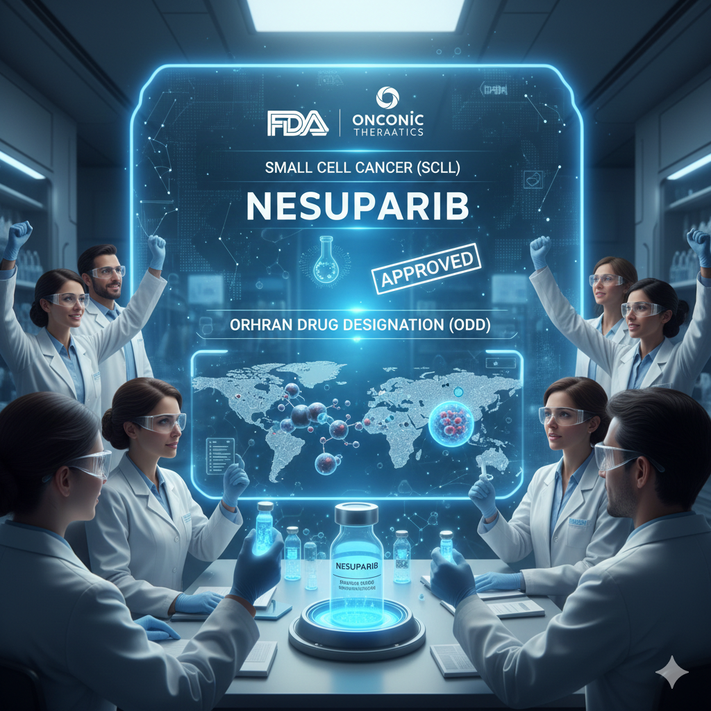 온코닉테라퓨틱스의 항암 신약 네수파립(Nesuparib) 미국 FDA 소세포폐암 희귀의약품 지정 승인을 축하하는 연구진들의 모습