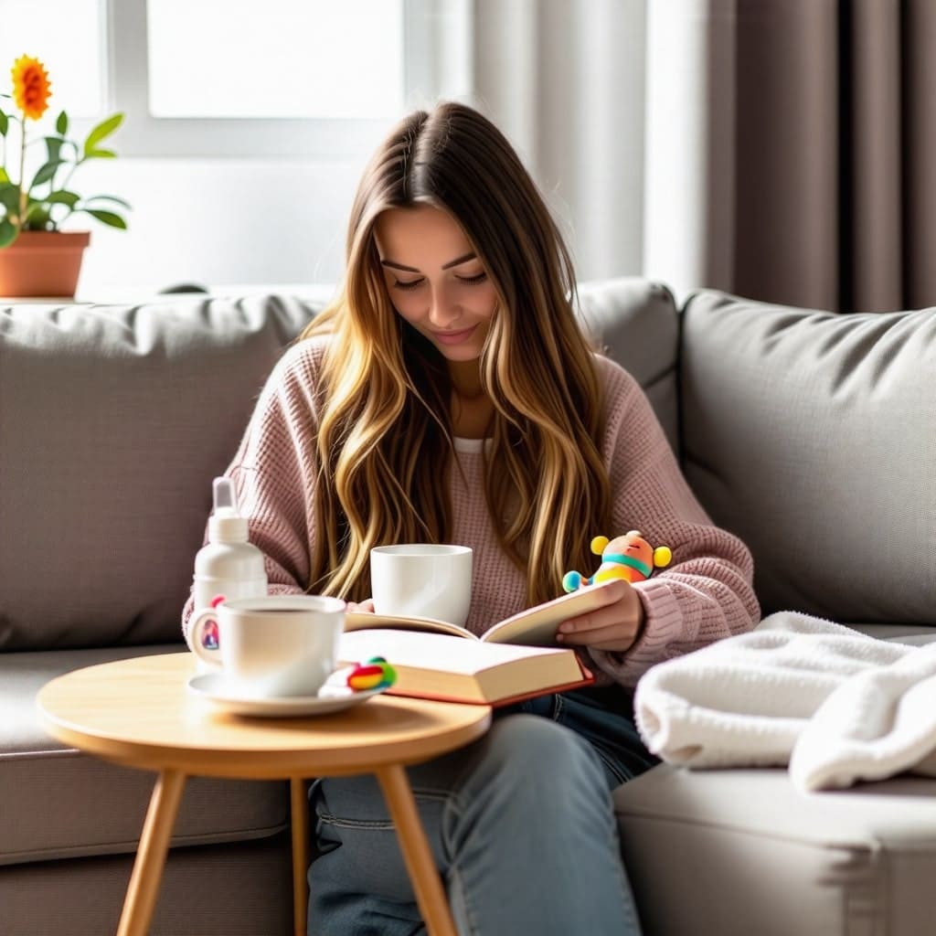 책과 커피: 엄마가 책을 읽으며 커피를 마시는 모습, 테이블 위에 아기용 물건과 함께 놓인 책.