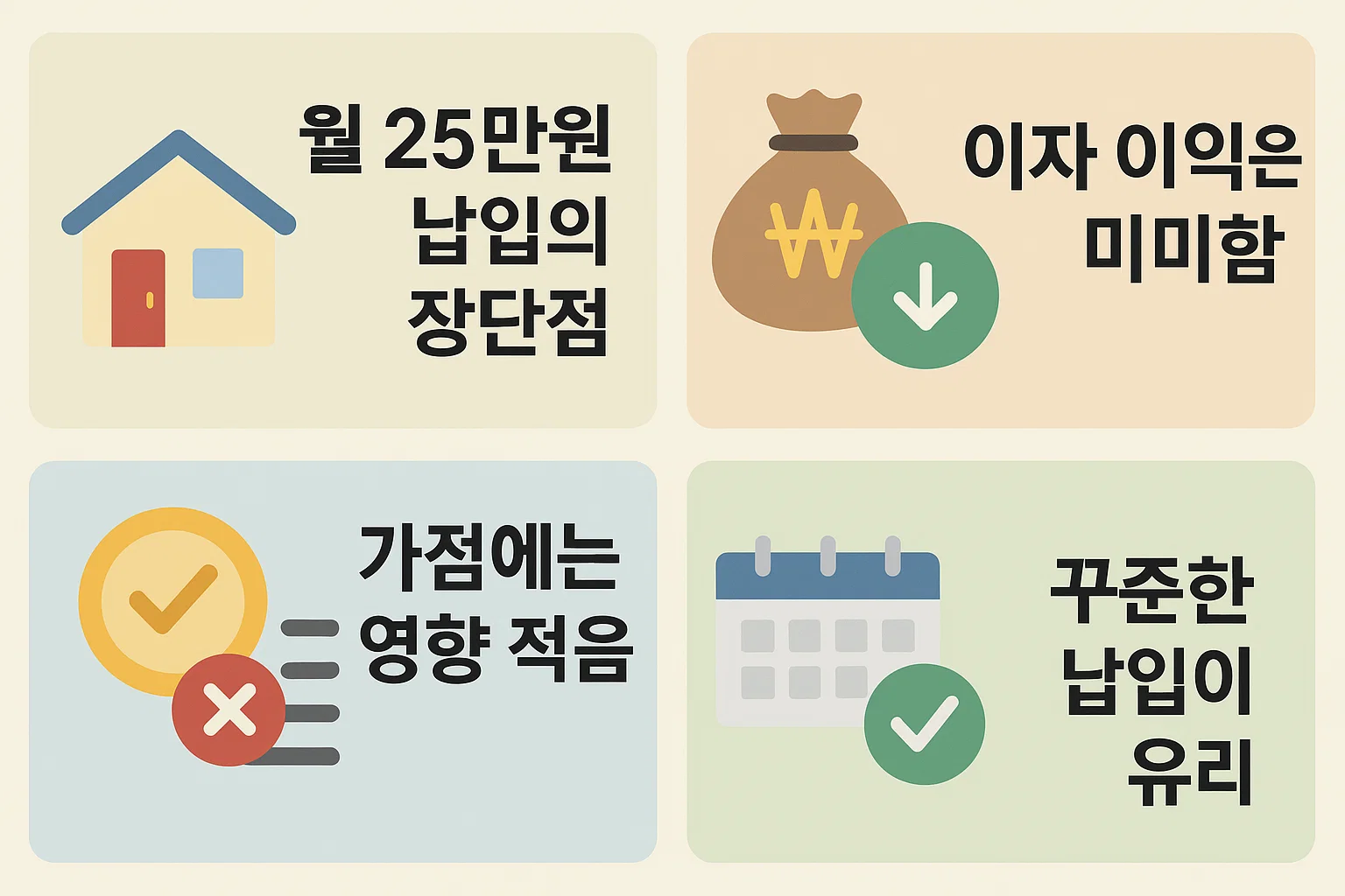 월 25만원 납입 시 장단점, 가점 반영 여부, 꾸준한 납입의 유리함을 비교한 청약통장 인포그래픽