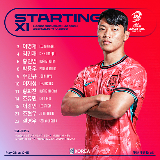 북중미 월드컵 아시아 예선 3차전 대한민국 : 요르단 경기 선수명단, 출처 KFA