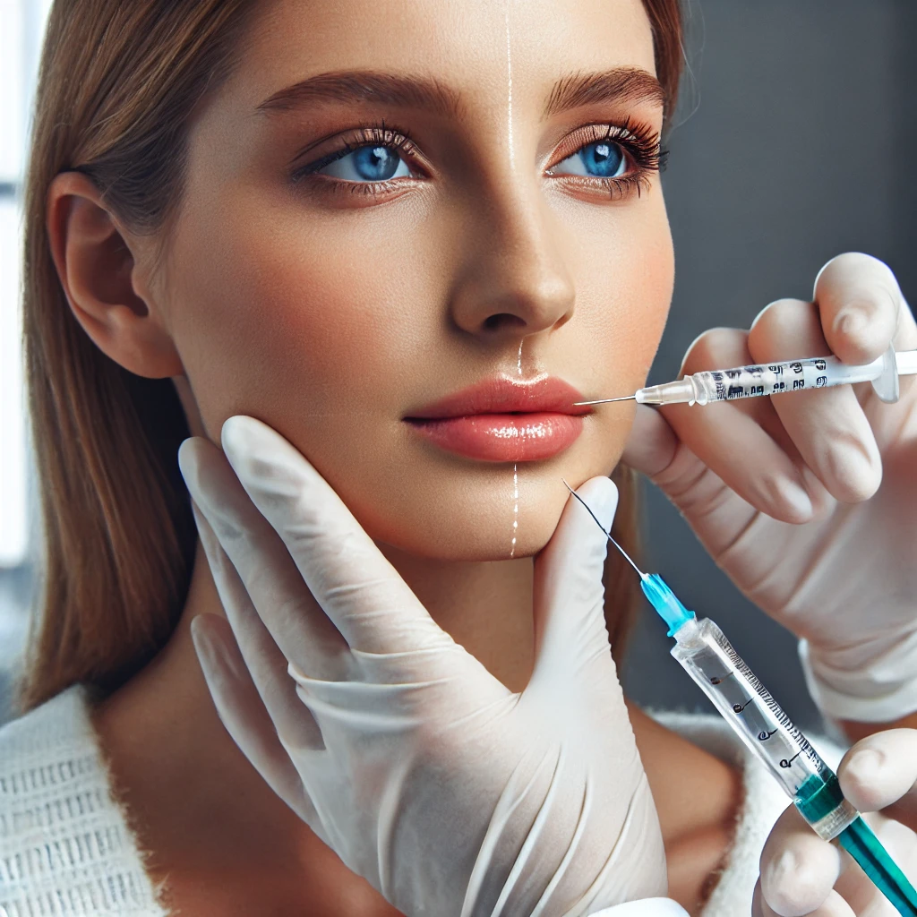 피부과에서 필러 주사 시술을 통해 얼굴 볼륨을 추가하고 주름을 개선하는 장면