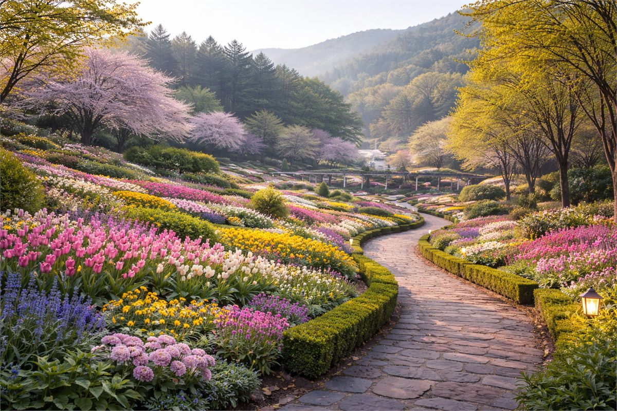 아침고요수목원의 완만한 언덕과 봄꽃이 어우러진 전경 