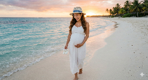 태교 여행 중 해변에서 아기 신발을 들고 미소 지으며 걷는 임산부