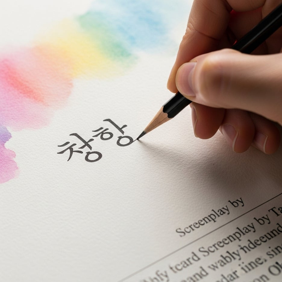 원고 위에 정성스럽게 번역 문구를 적는 손길