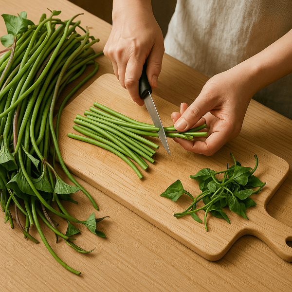 도마 위에서 손질하고있는 고구마줄기